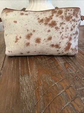 Spotted Cowhide Cosmetic Pouch in White and Brown - Unbranded Leather